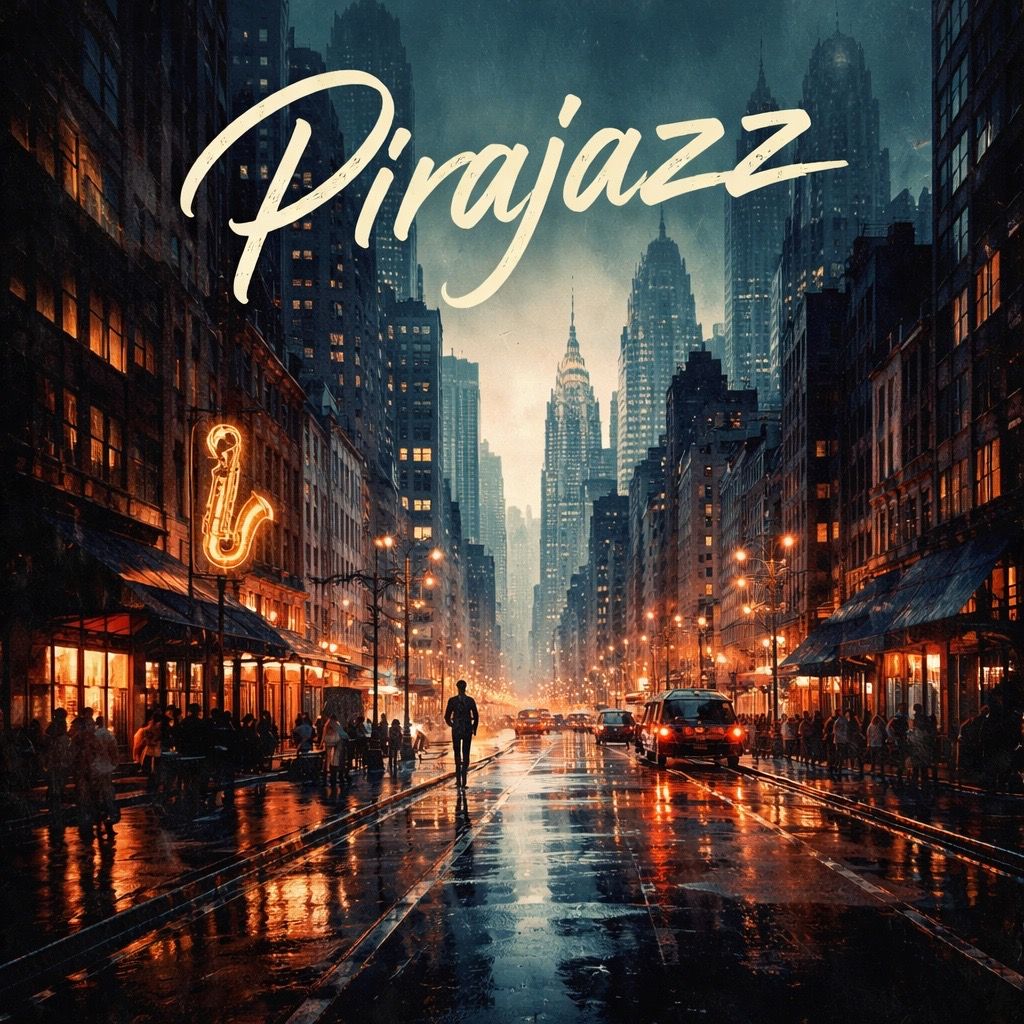 Capa do álbum Pirajazz, de Eduardo Pirajá, com a cidade à noite e um saxofone em neon